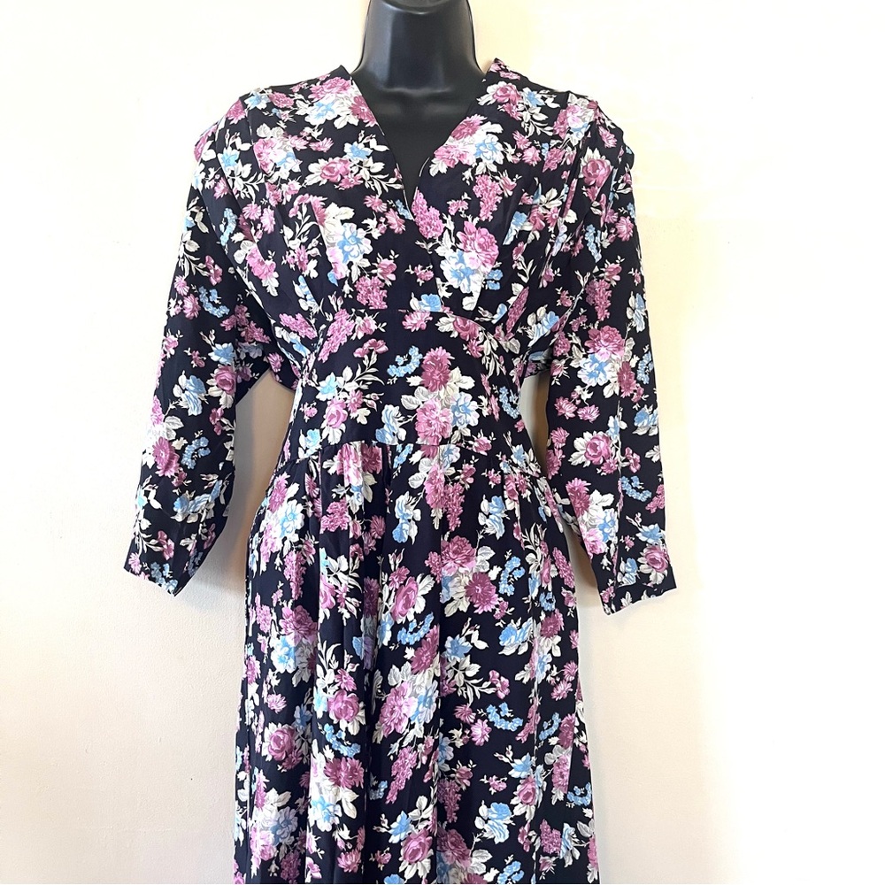 Vtg 90s y2k cottage dress 14 rayon dark floral grunge Modest midi Trad